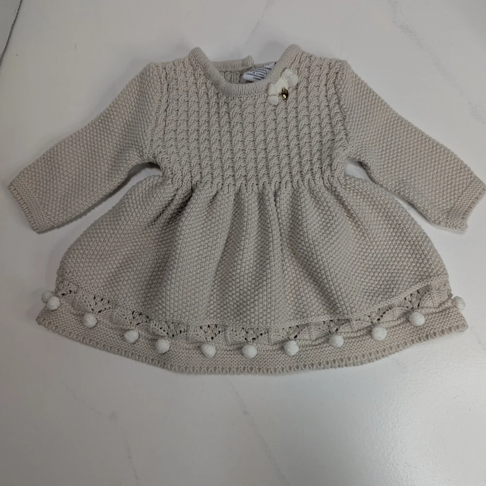 Cupcakes & Cashmere Baby Girl's Beige Knit Sweater Dress Pom Pom Trim, 3-6 Month